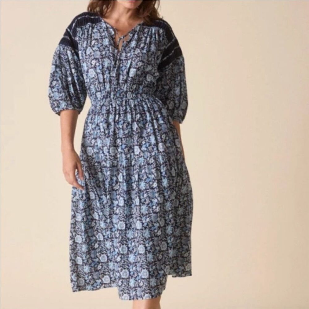 St Roche size 0 Midi Nap Dress Blue Floral Puff Sleeve Pockets Western Cottage